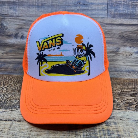 VANS Mens Trucker Hat Orange Snapback Beach Skeleton Retro Skateboard Logo Cap - Picture 2 of 8